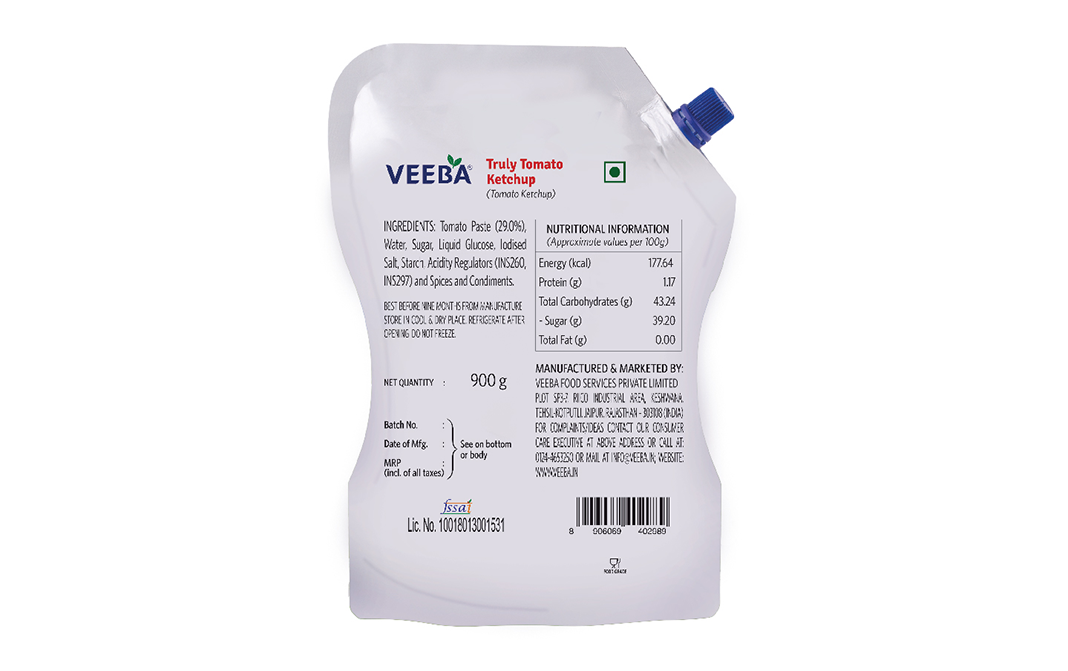 Veeba Truly Tomato Ketchup   Pouch  900 grams